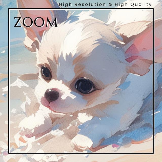 【貝犬戯舞 - チワプー犬 No.2】子犬・ビーチ・浜辺・青空・夏・海・うちの子記念日・ペットロス・アートポスター・犬の絵・犬のイラスト
