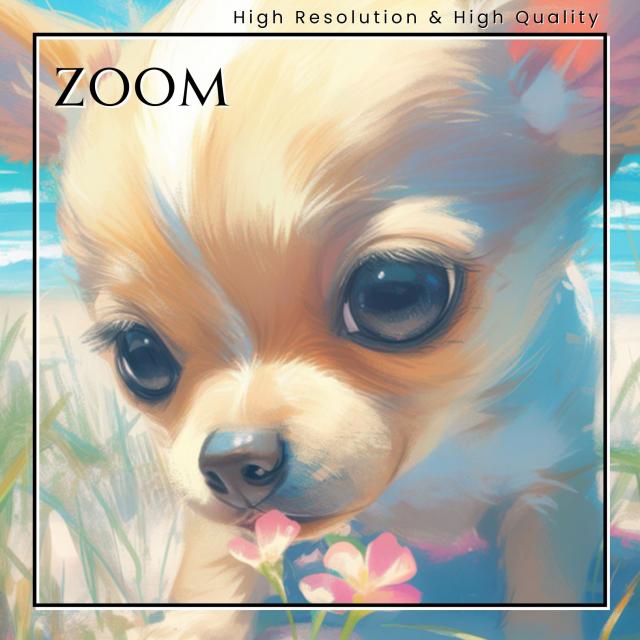 【貝犬戯舞 - チワプー犬 No.3】子犬・ビーチ・浜辺・青空・夏・海・うちの子記念日・ペットロス・アートポスター・犬の絵・犬のイラスト