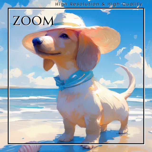 【貝犬戯舞 - ダックスフンド犬 No.8】子犬・ビーチ・浜辺・青空・夏・海・うちの子記念日・ペットロス・アートポスター・犬の絵・犬のイラスト