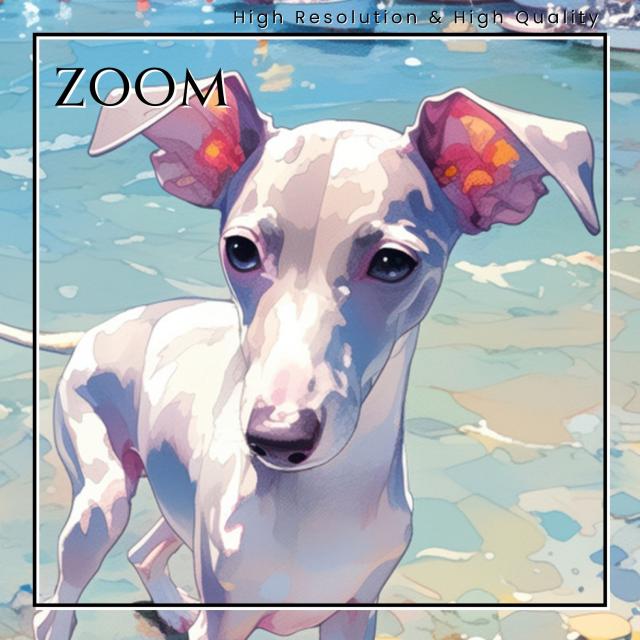 【貝犬戯舞 - イタグレ・イタリアングレーハウンド犬 No.2】ビーチ・浜辺・青空・夏・海・子犬・うちの子記念日・ペットロス・アートポスター・犬の絵・犬のイラスト