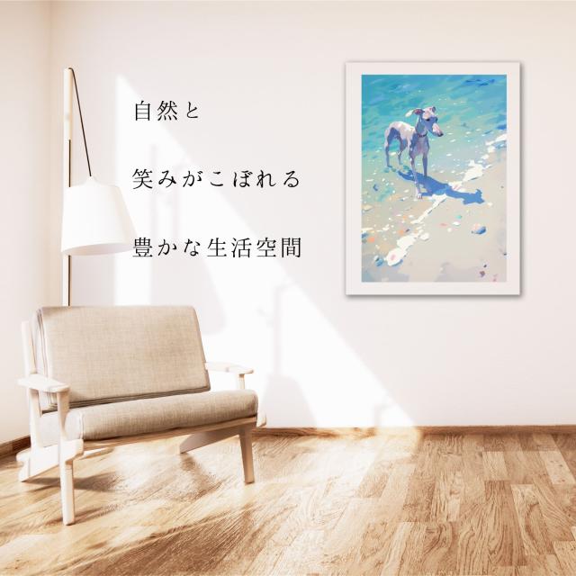 【貝犬戯舞 - イタグレ・イタリアングレーハウンド犬 No.3】ビーチ・浜辺・青空・夏・海・子犬・うちの子記念日・ペットロス・アートポスター・犬の絵・犬のイラスト_4