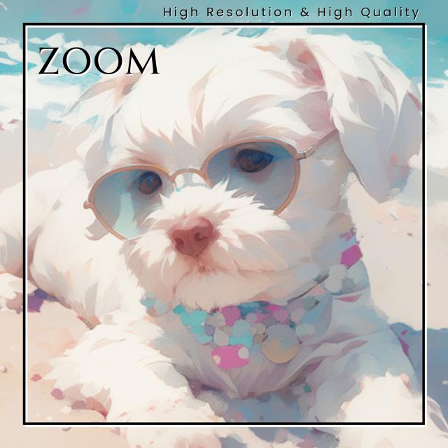 【貝犬戯舞 - マルチーズ犬 No.2】子犬・ビーチ・浜辺・青空・夏・海・うちの子記念日・ペットロス・アートポスター・犬の絵・犬のイラスト