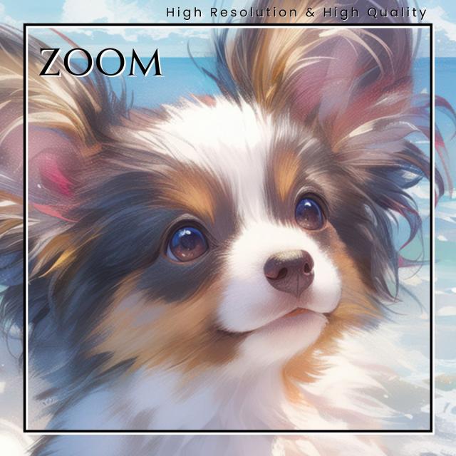 【貝犬戯舞 - パピヨン犬 No.2】子犬・ビーチ・浜辺・青空・夏・海・うちの子記念日・ペットロス・アートポスター・犬の絵・犬のイラスト