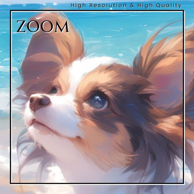 【貝犬戯舞 - パピヨン犬 No.5】子犬・ビーチ・浜辺・青空・夏・海・うちの子記念日・ペットロス・アートポスター・犬の絵・犬のイラスト