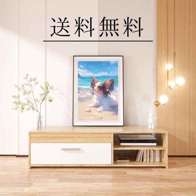【貝犬戯舞 - パピヨン犬 No.5】子犬・ビーチ・浜辺・青空・夏・海・うちの子記念日・ペットロス・アートポスター・犬の絵・犬のイラスト_3