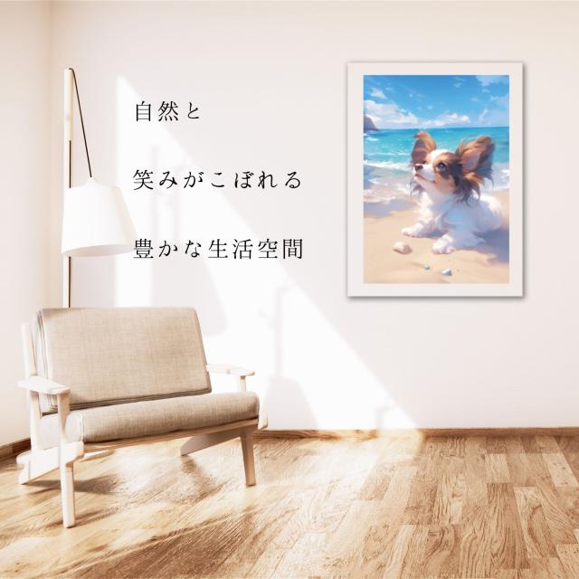 【貝犬戯舞 - パピヨン犬 No.5】子犬・ビーチ・浜辺・青空・夏・海・うちの子記念日・ペットロス・アートポスター・犬の絵・犬のイラスト_4