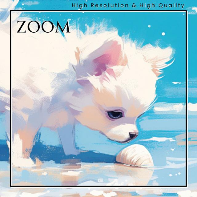 【貝犬戯舞 - ポメチワ犬 No.2】子犬・ビーチ・浜辺・青空・夏・海・うちの子記念日・ペットロス・アートポスター・犬の絵・犬のイラスト