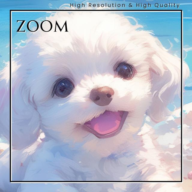 【貝犬戯舞 - ポメプー犬 No.1】子犬・ビーチ・浜辺・青空・夏・海・うちの子記念日・ペットロス・アートポスター・犬の絵・犬のイラスト
