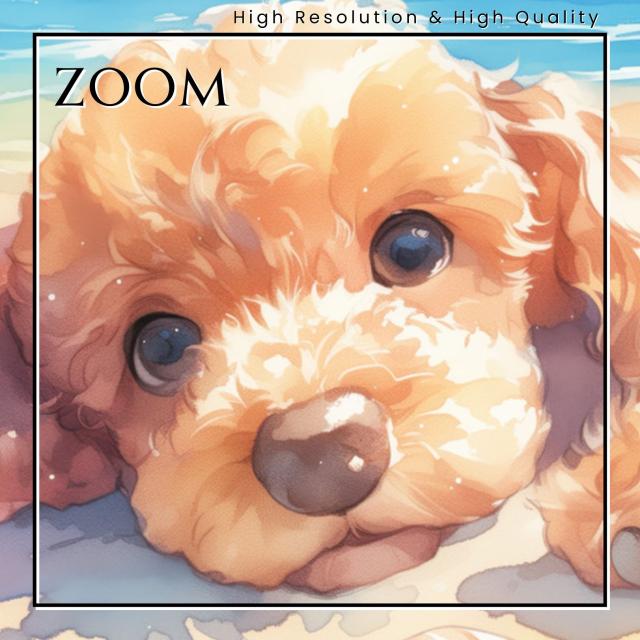 【貝犬戯舞 - トイプードル犬 No.11】子犬・ビーチ・浜辺・青空・夏・海・うちの子記念日・ペットロス・アートポスター・犬の絵・犬のイラスト
