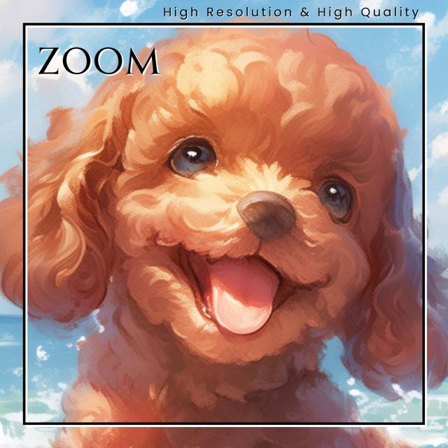 【貝犬戯舞 - トイプードル犬 No.13】子犬・ビーチ・浜辺・青空・夏・海・うちの子記念日・ペットロス・アートポスター・犬の絵・犬のイラスト