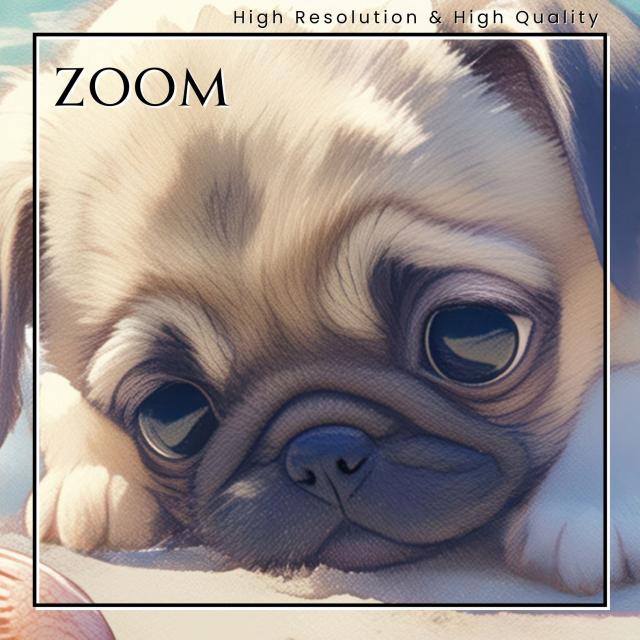 【貝犬戯舞 - パグ犬 No.4】子犬・ビーチ・浜辺・青空・夏・海・うちの子記念日・ペットロス・アートポスター・犬の絵・犬のイラスト