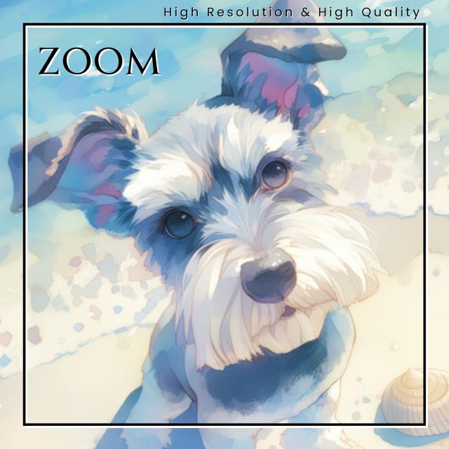 【貝犬戯舞 - シュナウザー犬 No.4】子犬・ビーチ・浜辺・青空・夏・海・うちの子記念日・ペットロス・アートポスター・犬の絵・犬のイラスト