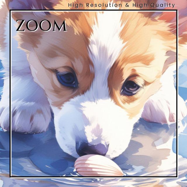 【貝犬戯舞 - ウェルシュ・コーギー犬 No.1】ビーチ・浜辺・青空・夏・海・子犬・うちの子記念日・ペットロス・アートポスター・犬の絵・犬のイラスト