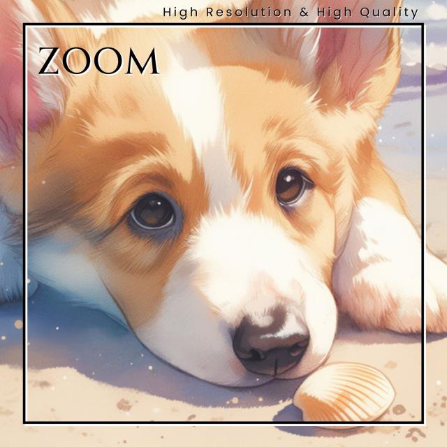 【貝犬戯舞 - ウェルシュ・コーギー犬 No.4】ビーチ・浜辺・青空・夏・海・子犬・うちの子記念日・ペットロス・アートポスター・犬の絵・犬のイラスト