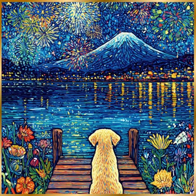 【君と見た夏 - ゴールデンレトリバー犬】富士山・花火・幻想的・ファンタジー・アート・インテリア・うちの子記念日・ペットロス・アートポスター・犬の絵・犬のイラスト