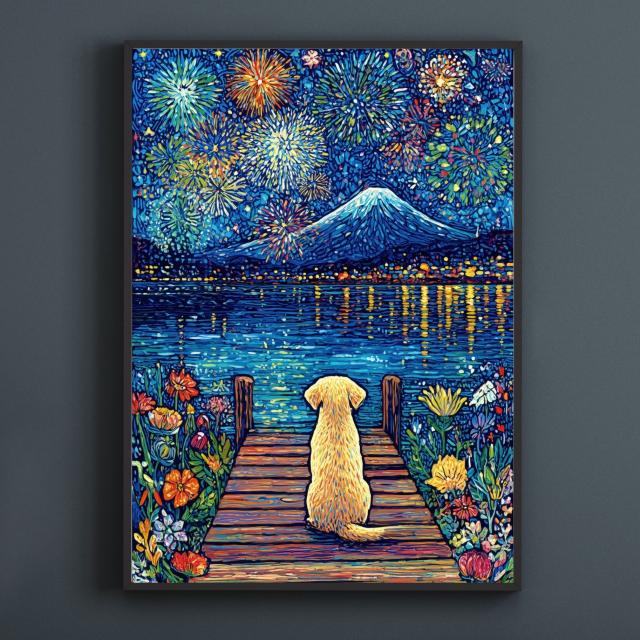 【君と見た夏 - ゴールデンレトリバー犬】富士山・花火・幻想的・ファンタジー・アート・インテリア・うちの子記念日・ペットロス・アートポスター・犬の絵・犬のイラスト