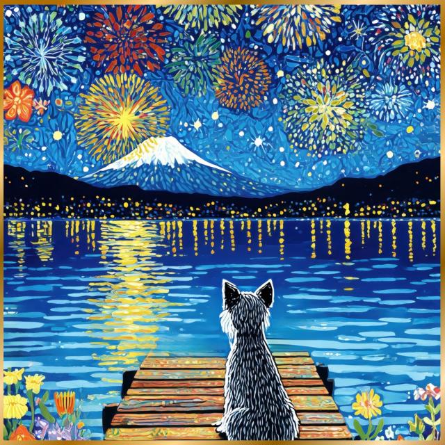 【君と見た夏 - シュナウザー犬】富士山・花火・幻想的・ファンタジー・アート・インテリア・うちの子記念日・ペットロス・アートポスター・犬の絵・犬のイラスト