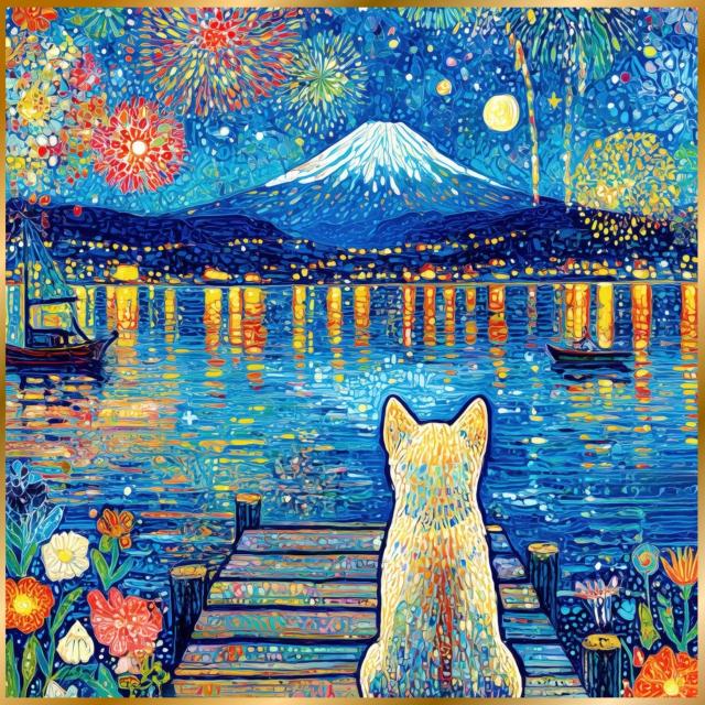 【君と見た夏 - 柴犬・豆柴犬】富士山・花火・幻想的・ファンタジー・アート・インテリア・うちの子記念日・ペットロス・アートポスター・犬の絵・犬のイラスト