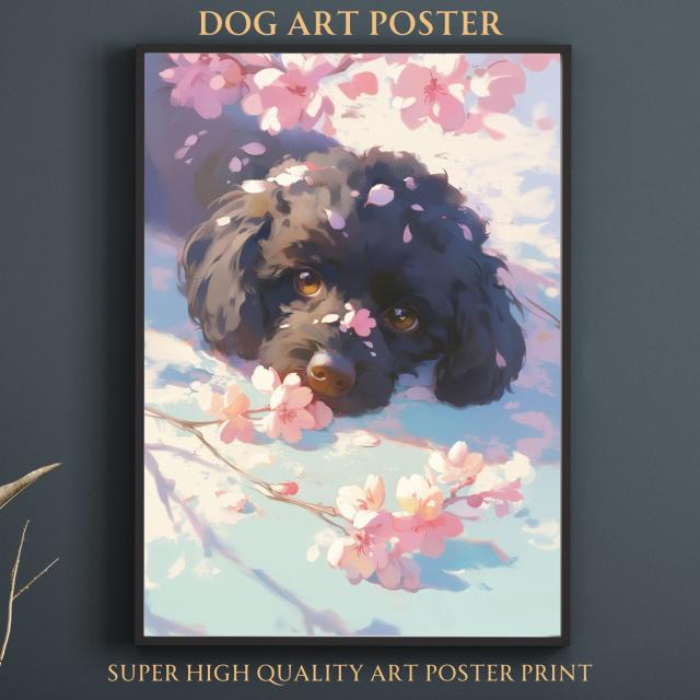 【桜犬戯舞 - 黒・ブラック・トイプードル犬 No.5】桜・花見・春・花びら・子犬・ペットロス・うちの子・記念日・アートポスター・犬の絵・犬のイラスト・ギフト・プレゼント_1
