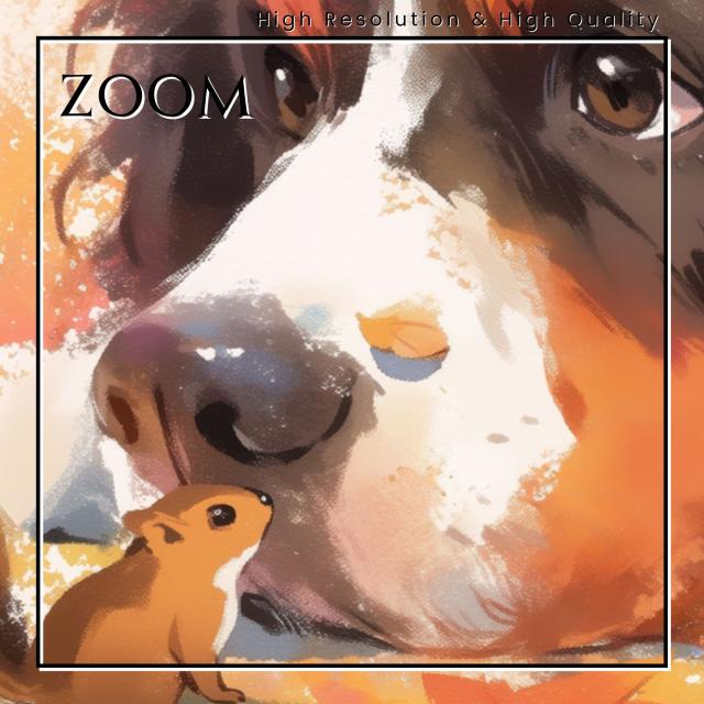 【栗鼠犬戯舞 - バーニーズマウンテン犬 No.1】リス・紅葉・秋・子犬・ペットロス・うちの子記念日・アートポスター・犬の絵・犬のイラスト
