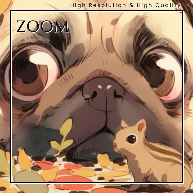 【栗鼠犬戯舞 - パグ犬 No.3】リス・紅葉・秋・子犬・ペットロス・うちの子記念日・アートポスター・犬の絵・犬のイラスト