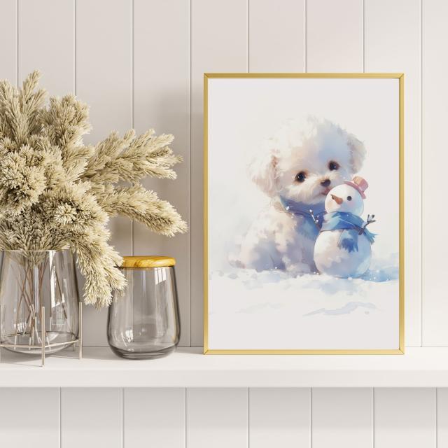 【雪犬戯舞 - ビションフリーゼ犬 No.1】クリスマス・冬・雪だるま・子犬・ペットロス・うちの子・記念日・アートポスター・犬の絵・犬のイラスト・ギフト・プレゼント