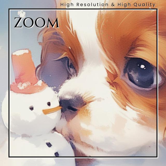 【雪犬戯舞 - キャバリア・キングチャールズ・スパニエル犬 No.1】クリスマス・冬・雪だるま・子犬・ペットロス・うちの子・記念日・アートポスター・犬の絵・犬のイラスト・ギフト・プレゼント