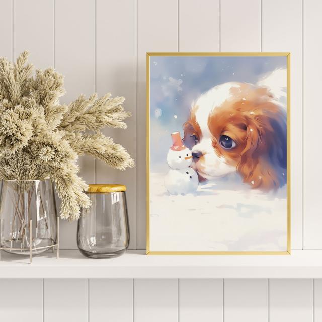 【雪犬戯舞 - キャバリア・キングチャールズ・スパニエル犬 No.1】クリスマス・冬・雪だるま・子犬・ペットロス・うちの子・記念日・アートポスター・犬の絵・犬のイラスト・ギフト・プレゼント_5