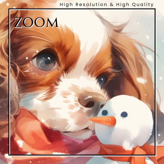 【雪犬戯舞 - キャバリア・キングチャールズ・スパニエル犬 No.3】クリスマス・冬・雪だるま・子犬・ペットロス・うちの子・記念日・アートポスター・犬の絵・犬のイラスト・ギフト・プレゼント