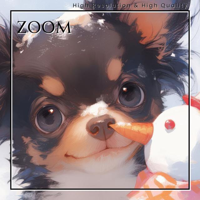 【雪犬戯舞 - ブラックタン・チワワ犬 No.2】クリスマス・冬・雪だるま・子犬・ペットロス・うちの子・記念日・アートポスター・犬の絵・犬のイラスト・ギフト・プレゼント