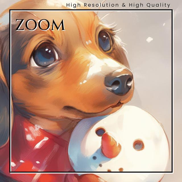 【雪犬戯舞 - ダックスフンド犬 No.3】クリスマス・冬・雪だるま・子犬・ペットロス・うちの子・記念日・アートポスター・犬の絵・犬のイラスト・ギフト・プレゼント