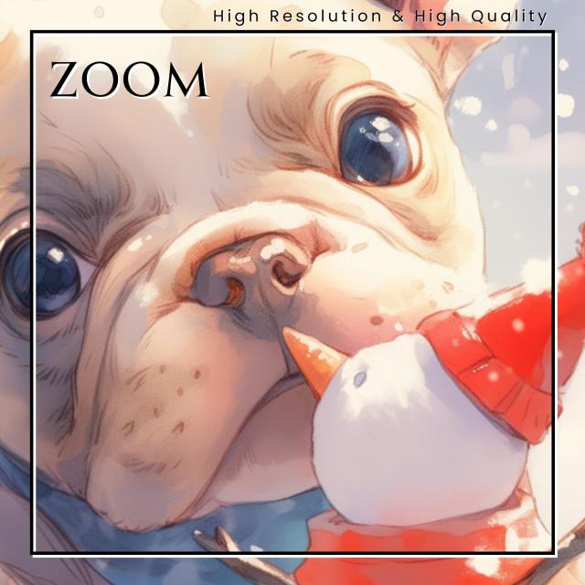 【雪犬戯舞 - フレンチブルドッグ犬 No.4】クリスマス・冬・雪だるま・子犬・ペットロス・うちの子・記念日・アートポスター・犬の絵・犬のイラスト・ギフト・プレゼント