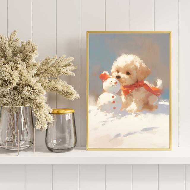 【雪犬戯舞 - マルプー犬 No.2】クリスマス・冬・雪だるま・子犬・ペットロス・うちの子・記念日・アートポスター・犬の絵・犬のイラスト・ギフト・プレゼント
