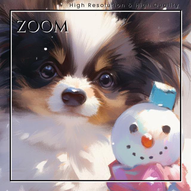 【雪犬戯舞 - パピヨン犬 No.3】クリスマス・冬・雪だるま・子犬・ペットロス・うちの子・記念日・アートポスター・犬の絵・犬のイラスト・ギフト・プレゼント