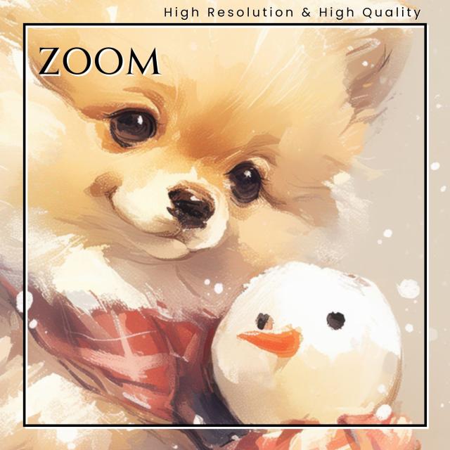 【雪犬戯舞 - ポメラニアン犬 No.4】クリスマス・冬・雪だるま・子犬・ペットロス・うちの子・記念日・アートポスター・犬の絵・犬のイラスト・ギフト・プレゼント