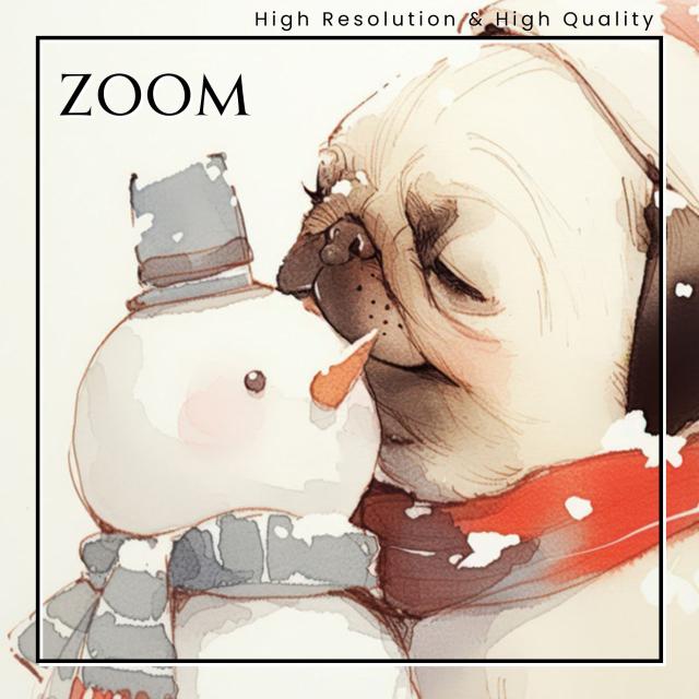 【雪犬戯舞 - パグ犬 No.1】クリスマス・冬・雪だるま・子犬・ペットロス・うちの子・記念日・アートポスター・犬の絵・犬のイラスト・ギフト・プレゼント