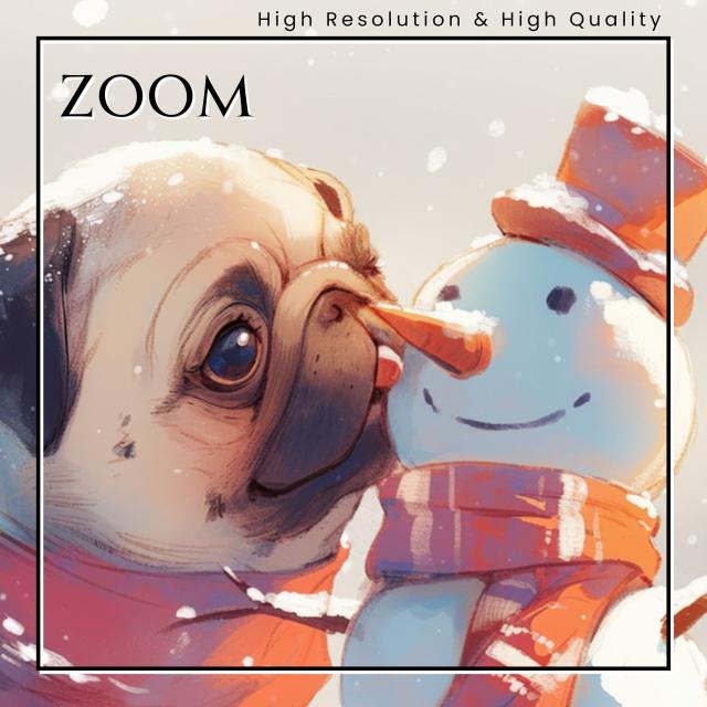 【雪犬戯舞 - パグ犬 No.3】クリスマス・冬・雪だるま・子犬・ペットロス・うちの子・記念日・アートポスター・犬の絵・犬のイラスト・ギフト・プレゼント
