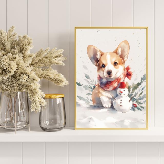 【雪犬戯舞 - ウェルシュコーギー犬 No.2】クリスマス・冬・雪だるま・子犬・ペットロス・うちの子・記念日・アートポスター・犬の絵・犬のイラスト・ギフト・プレゼント_5