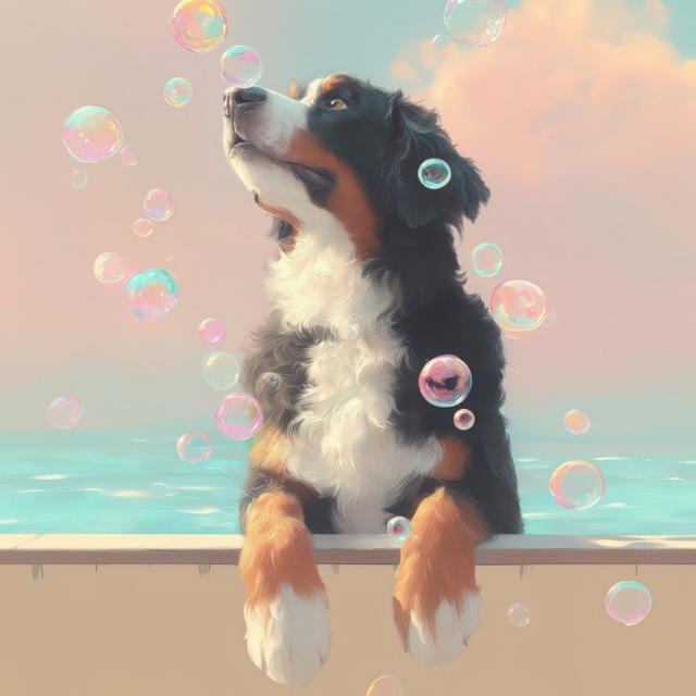 【犬とシャボン玉 - バーニーズマウンテン犬 No.1】アートポスター ペットロス うちの子記念日 北欧 ナチュラル