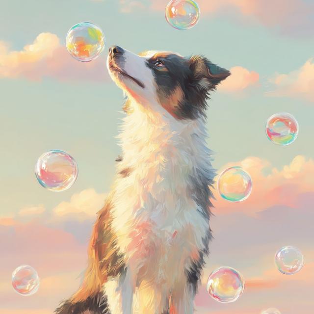 【犬とシャボン玉 - ボーダーコリー犬 No.1】アートポスター ペットロス うちの子記念日 北欧 ナチュラル