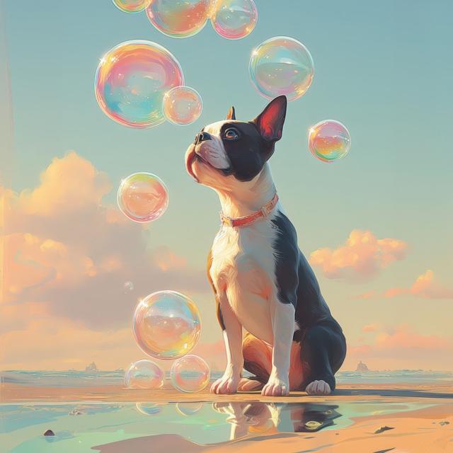 【犬とシャボン玉 - ボストンテリア犬 No.1】アートポスター ペットロス うちの子記念日 北欧 ナチュラル