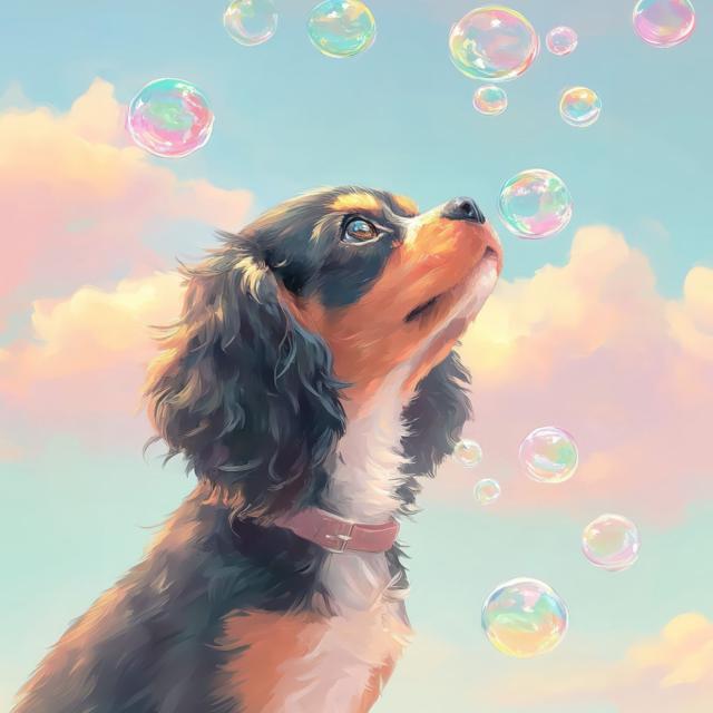 【犬とシャボン玉 - キャバリアキングチャールズスパニエル犬 No.2】アートポスター ペットロス うちの子記念日 北欧 ナチュラル