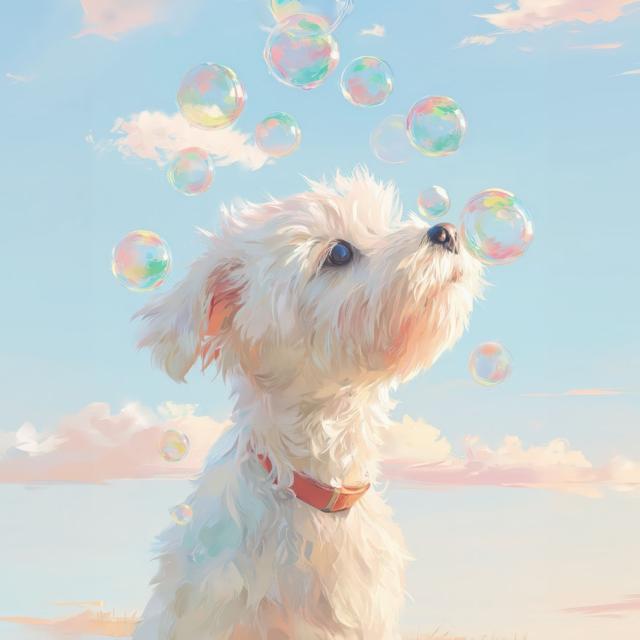 【犬とシャボン玉 - マルチーズ犬 No.2】アートポスター ペットロス うちの子記念日 北欧 ナチュラル