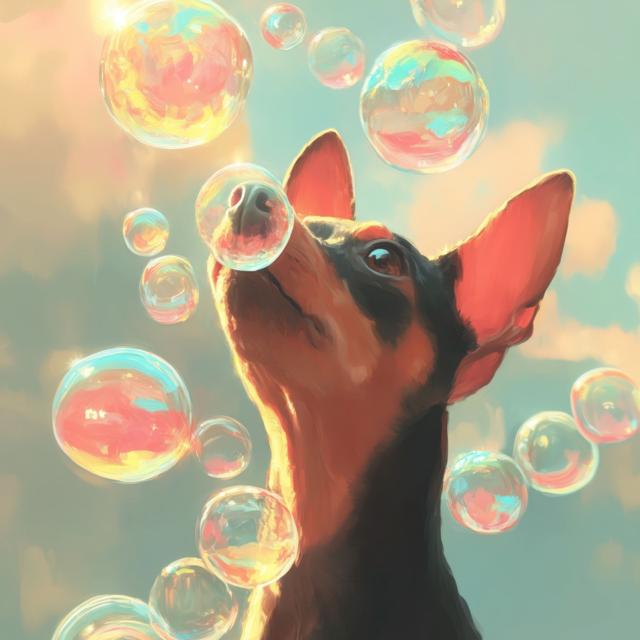 【犬とシャボン玉 - ミニピン・ミニチュアピンシャー犬 No.1】アートポスター ペットロス うちの子記念日 北欧 ナチュラル