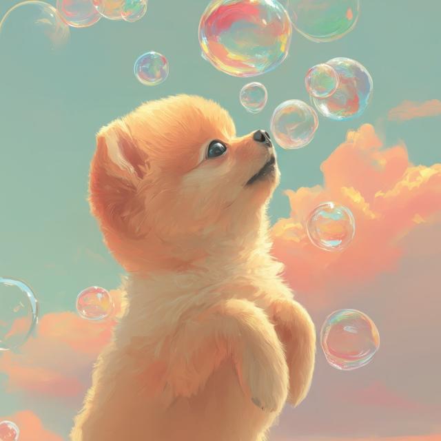 【犬とシャボン玉 - ポメプー犬 No.1】ポメラニアン&amp;トイプードル アートポスター ペットロス うちの子記念日 北欧 ナチュラル