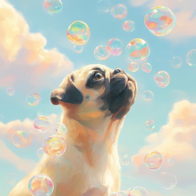 【犬とシャボン玉 - パグ犬 No.1】アートポスター ペットロス うちの子記念日 北欧 ナチュラル