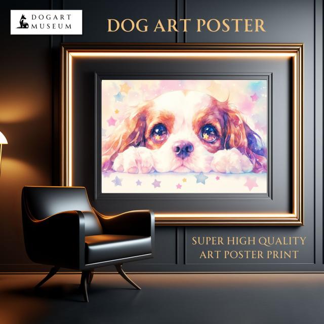 【The Starry Dog（星降る犬） - キャバリア・キング・チャールズ・スパニエルの子犬 No.1】星・スター・水彩画・ペットロス・かわいい・子犬・アートポスター・犬の絵・犬の絵画・犬のイラスト_1
