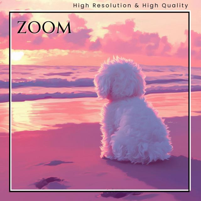 【サマーバケーション - ビションフリーゼ犬 No.4】日の出・夕日・朝日・ビーチ・サンセット・夏・海・うちの子記念日・ペットロス・アートポスター・犬の絵・犬のイラスト