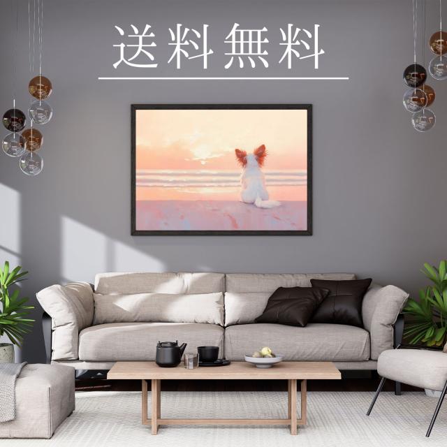 【サマーバケーション - パピヨン犬 No.1】日の出・夕日・朝日・ビーチ・サンセット・夏・海・うちの子記念日・ペットロス・アートポスター・犬の絵・犬のイラスト