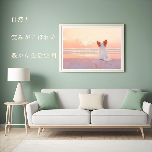 【サマーバケーション - パピヨン犬 No.1】日の出・夕日・朝日・ビーチ・サンセット・夏・海・うちの子記念日・ペットロス・アートポスター・犬の絵・犬のイラスト